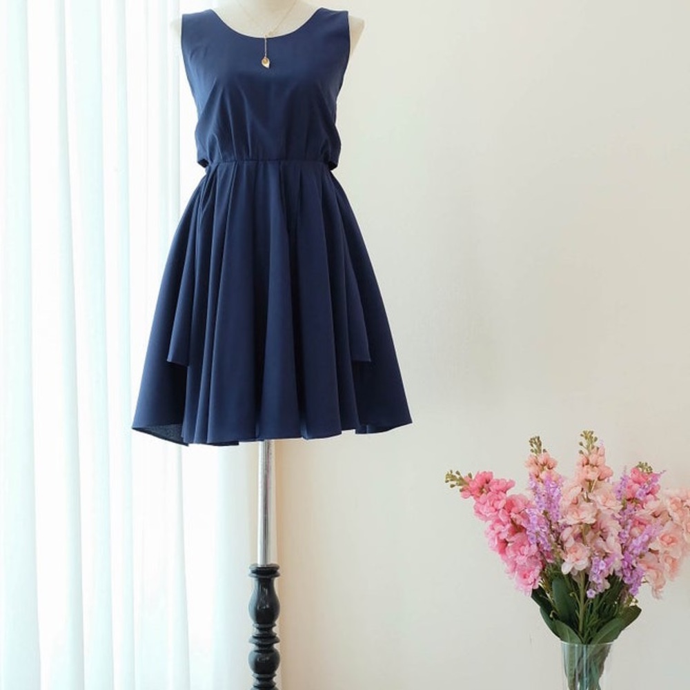 Backless Bow Navy Blue Dress
